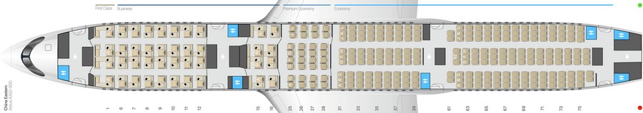 China Eastern Airbus A350-900 салон сұлбасы: 288 орын, төрт класс